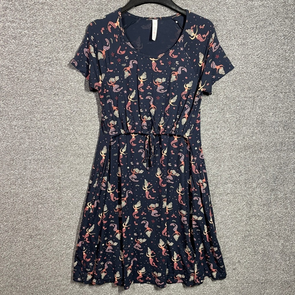 Latched Mama Nursing Dress Navy Mermaid Print Short Sleeve Pockets Size M